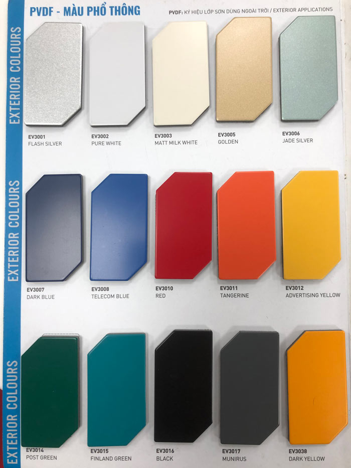 Bảng màu tấm Alumex Alcorest loại PVDF dùng ngoài trời