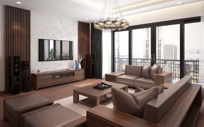 Nội thất phòng khách bằng gỗ óc chó