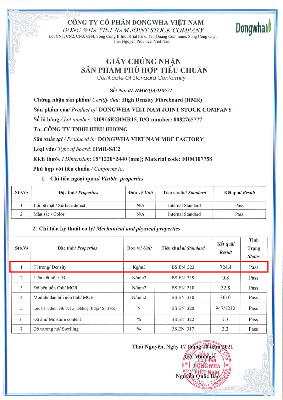 Bản kiểm định tỷ trọng ván MDF Dongwha 15 mm