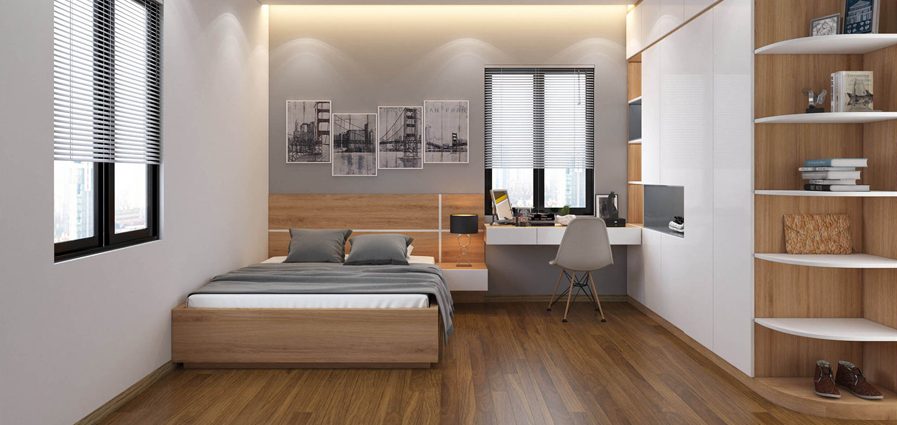 Phòng ngủ được thiết kế nội thất hoàn toàn từ gỗ công nghiệp