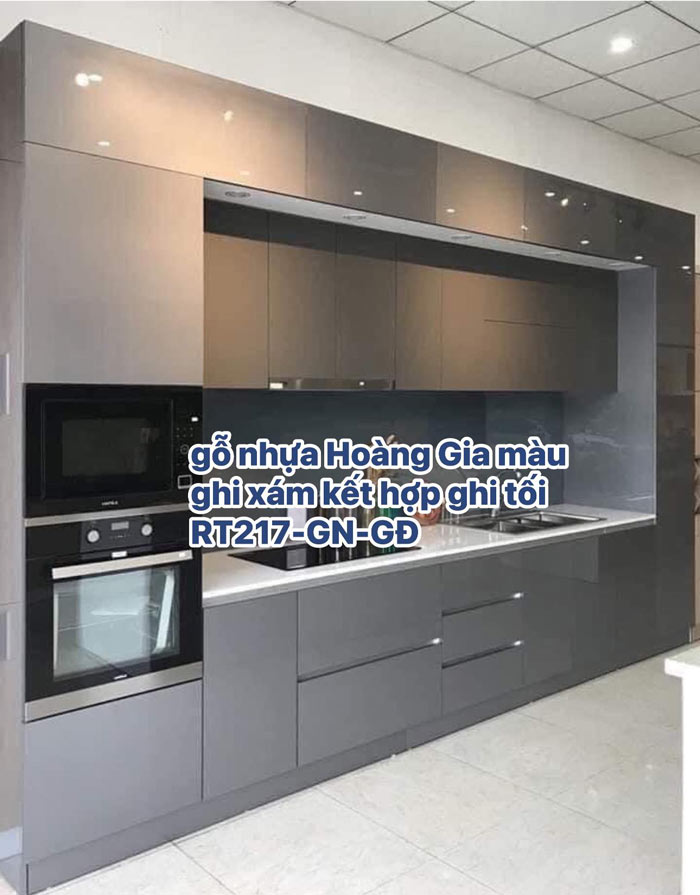 Gỗ nhựa 3 lớp bóng màu ghi làm tủ bếp